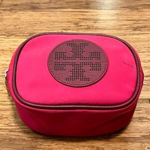 Tory Burch pink make-up cosmetic toiletries bag case w/ leather details & zipper